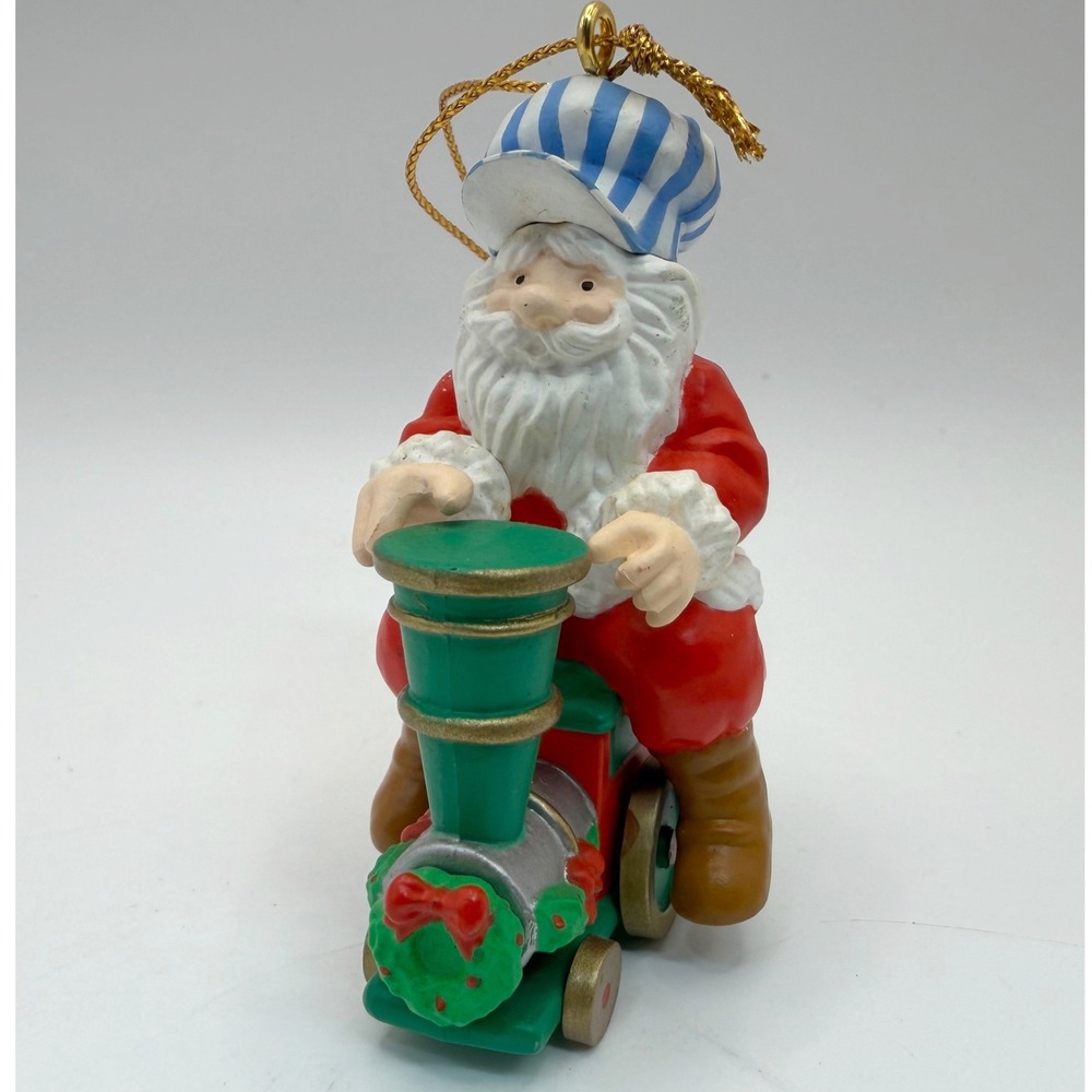 Vintage Santa Train Conductor Ornament Engineer Striped Hat Green Locomotive
